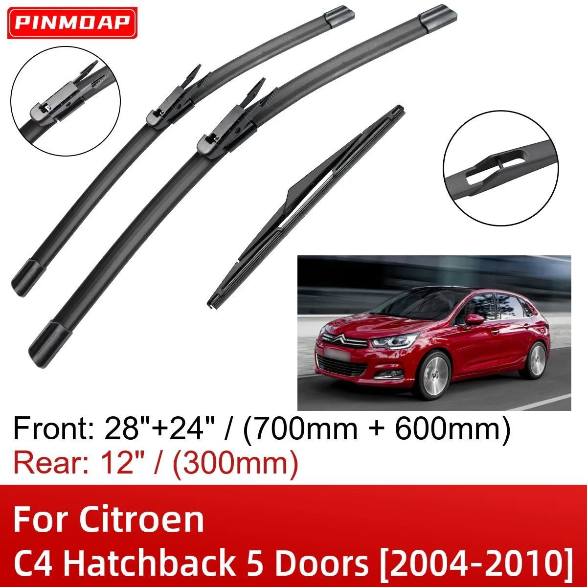 

For Citroen C4 Hatchback 5 Doors 2004-2010 28"+24"+12" Front Rear Wiper Blades Brushes Cutter Accessories 2007 2008 2009 2010