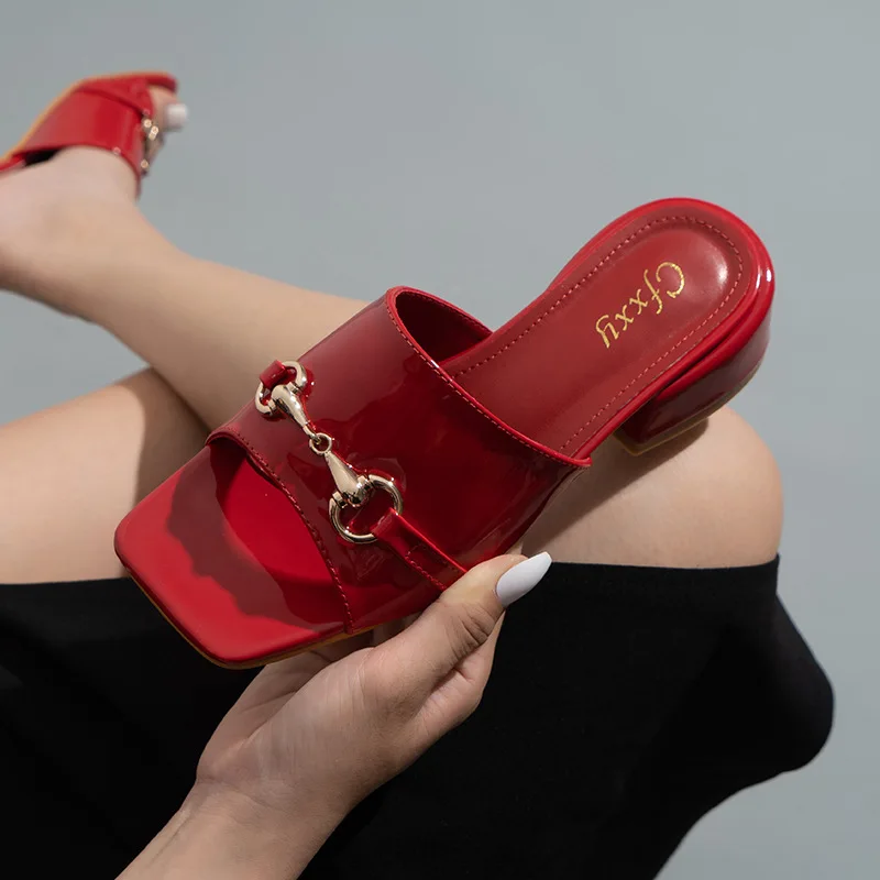 

Shoes Woman Heels Summer Casual Solid Color Slippers Outside Wear Square Toe Thick Sandals Outdoor Beach Shoes Fashion Slides