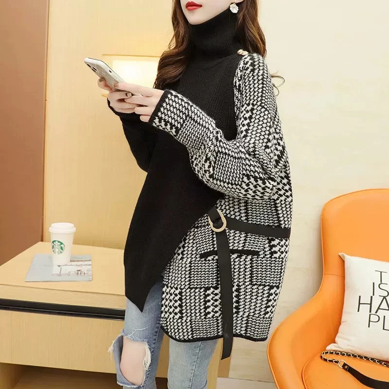 

New Autumn Winter Pullover Turtleneck Sweaters Jacket Female Plaid Patchwork Sweater Coats Women's Thicken Loose Knitting Shirt