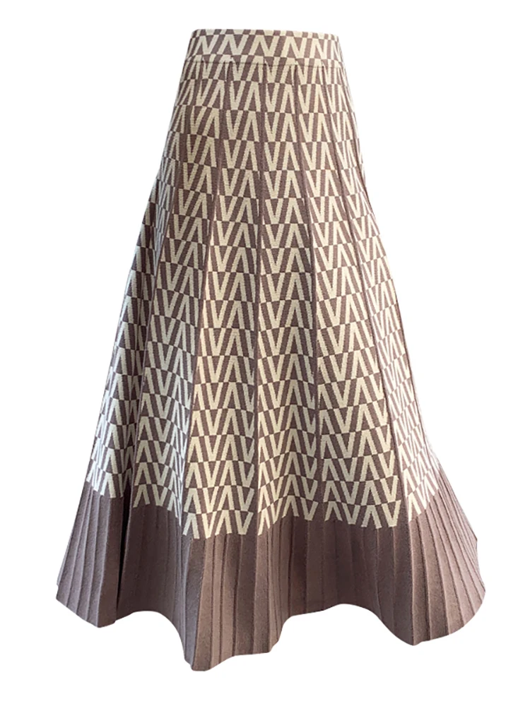 Knitted Skirt with Sweater Winter Women's Midi Pleated A-line Hem Thick Woolen Maxi Long Skirt