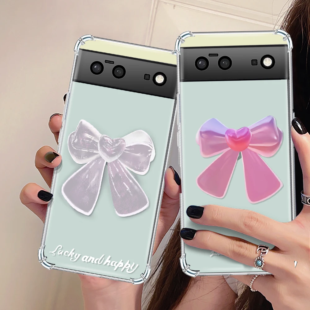 

Bowknot Text Labels Case for Google Pixel 7Pro 7 6a 6 6Pro Luxury Transparent Soft Silicone Shockproof Protection Back Cover