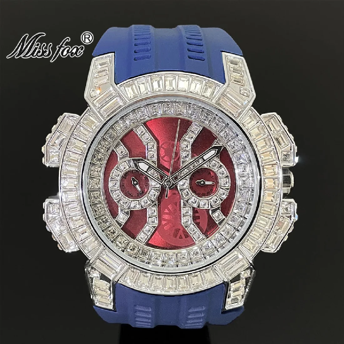 

MISSFOX Iced Watches Men Luxury Diamond Waterprof Clocks Blue Fashion Silicone Strap Quartz Wristwatch Automatic Date Week Reloj