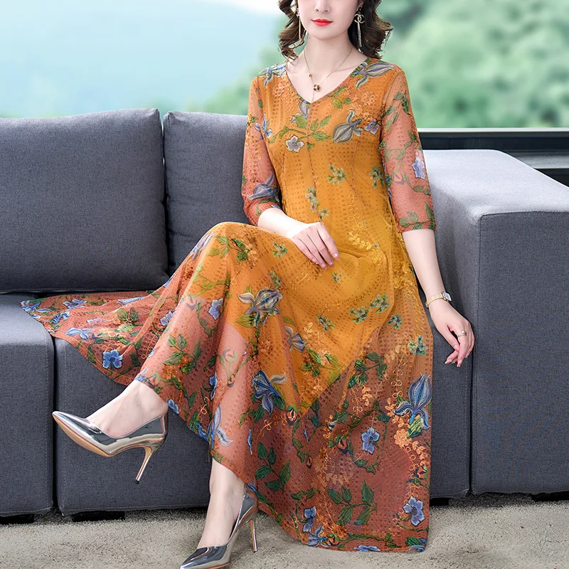 

2023 summer new belly cover thin floral temperament MIDI skirt mother dress
