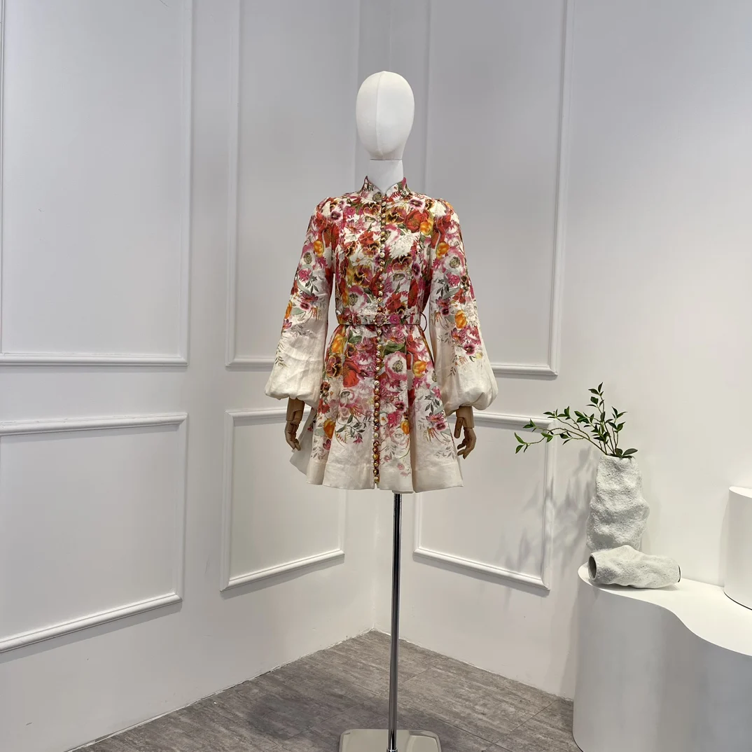 

2023 Top Quality Linen Multi Floral Printing Spring New Buttons Mini Dresses Women