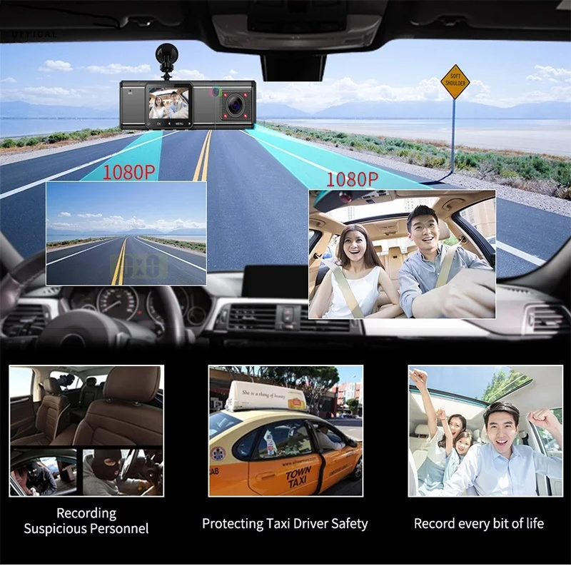 $48.00 Dash Cam 3 Cameras Front and Inside 1080P HD Rear Camear GPS Track Vehicle Black Box Car Video Recorder for Taxi Uber