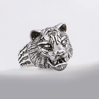 personality vintage hip hop tiger head animal design silver plated mens punk ring jewelry for man birthday gifts no fade