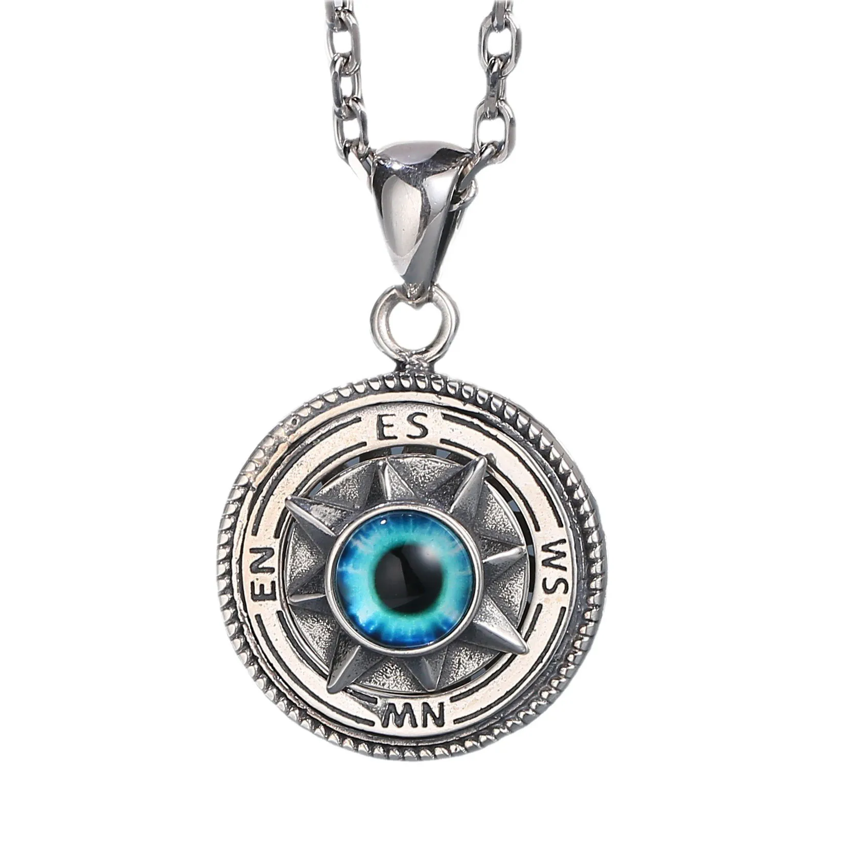 

BOCAI New Real S925 Silver Eight-Pointed Star Rotating Round Card Men and Women Pendant Vintage Sweater Chain Accessories,