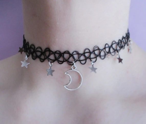 moon and stars necklace - tattoo choker - grunge choker - pastel goth - kawaii