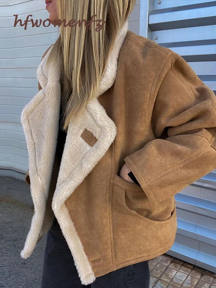 Женская винтажная коричневая куртка из овечьей шерсти с длинными рукавами и