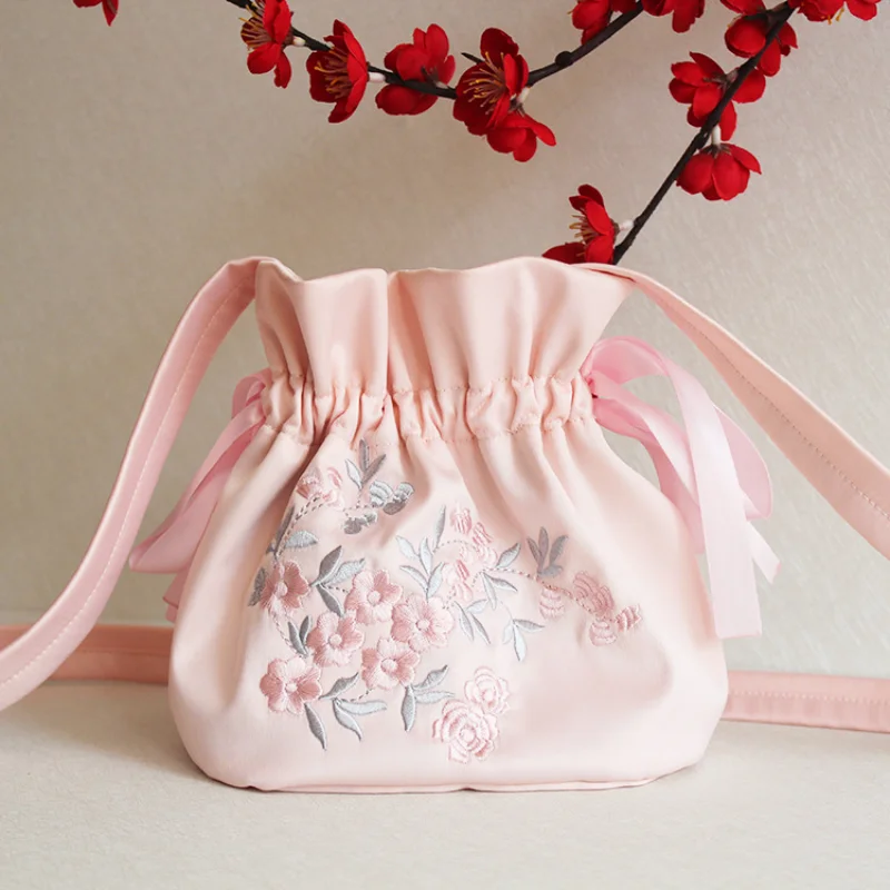 

Satin Embroidered Hanfu Bag Vintage Drawstring Bags Ancient Messenger Female Shoulder Bag Artsy Women Shoulder Bag