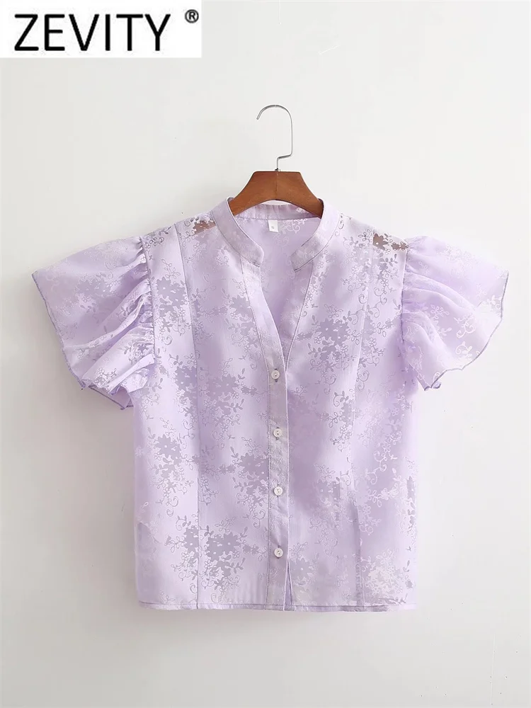 

Zevity Women Sweet Cut Floral Print Transparent Blouse Office Lady Pleats Butterfly Sleeve Shirt Chic Summer Blusas Tops LS792