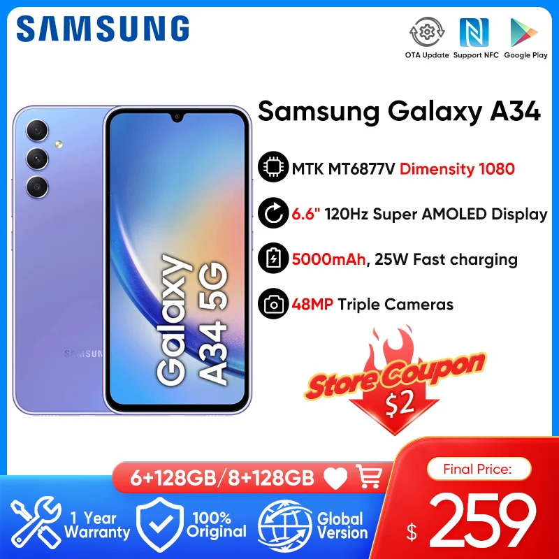 Original Samsung Galaxy A34 5G Android 13 MTK Dimensity 1080 6.6
