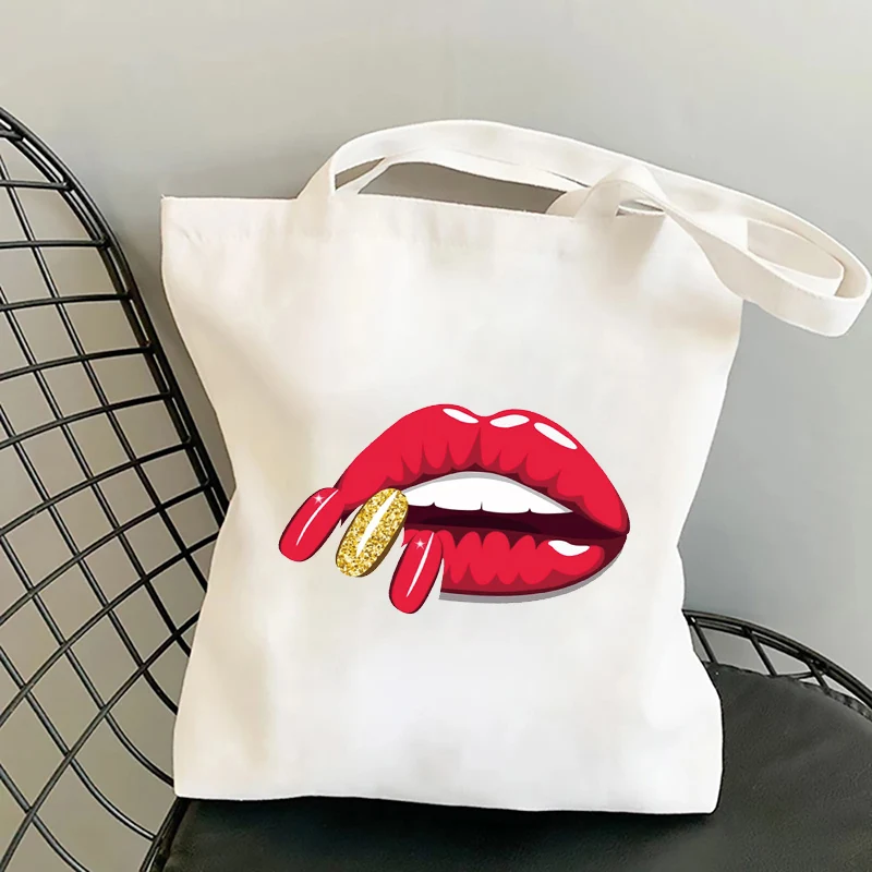 

Cartoon Shopper Bags Lady Shoulder Bags Sexy Lips Nails Casual foldable Shopping Bag Handbag Women Elegant Canvas Tote Bags