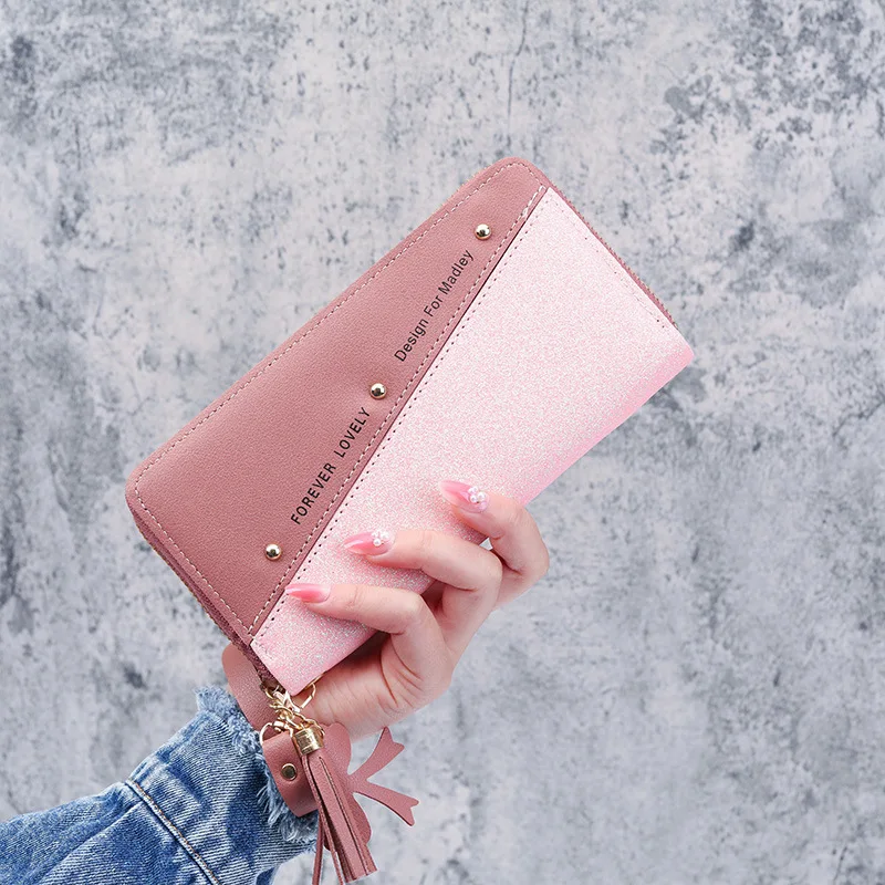 

Women Sequin Patchwork Glitter Wallet Female Pu Leather Long Coin Purses Ladies Money Clip Wristband Clutch Phone Bag