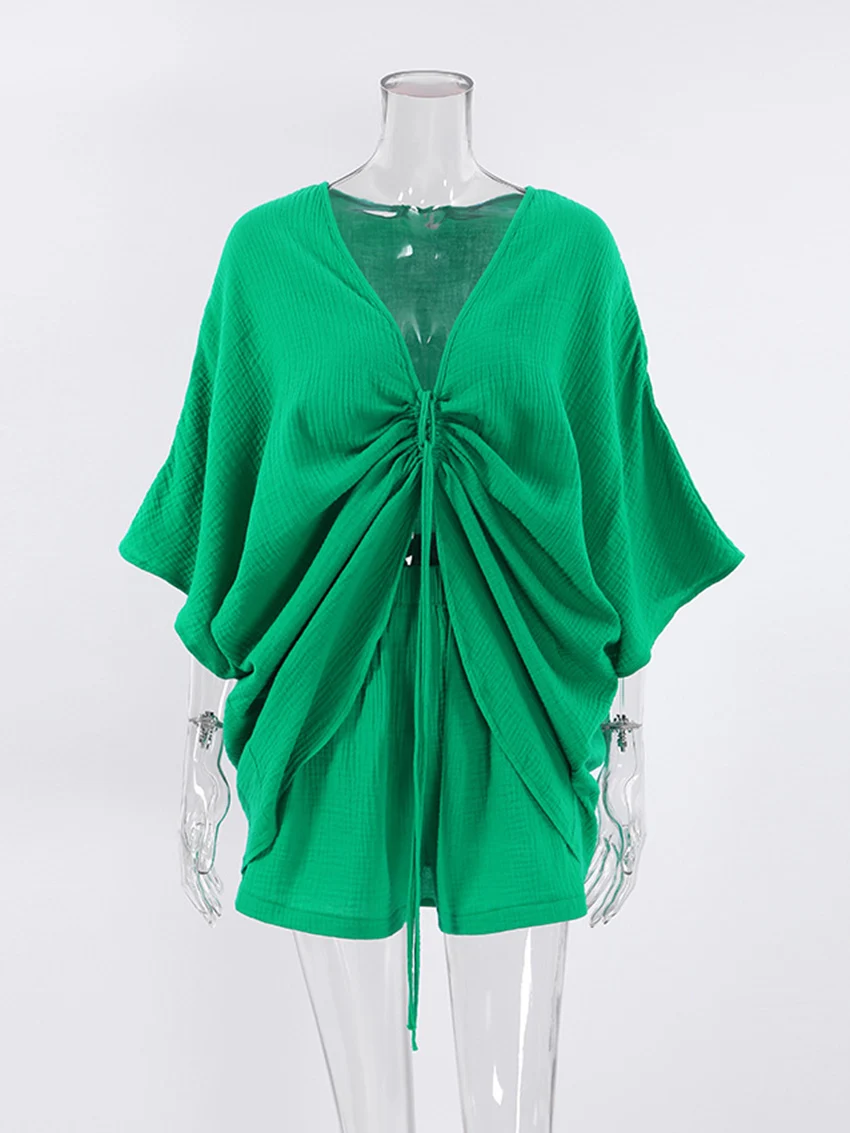 Marthaqiqi Cotton Women'S Pajamas Sexy V-Neck Lace Up Sleepwear Three Quarter Sleeve Nightwear Shorts Femme Summer Pyjamas Suits