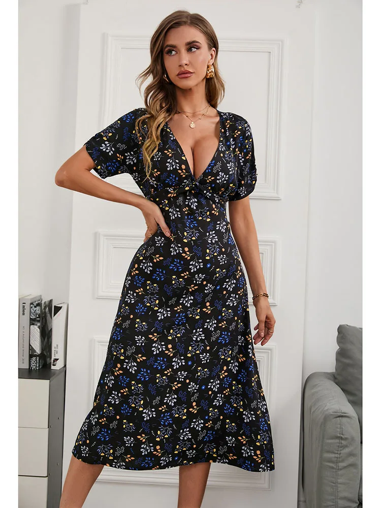 

Boho Floral Print V Neck Dress Women Summer Sexy Short Sleeve Fashion Midi Dresses Casual Short Sleeve Beach Holiday Sundress