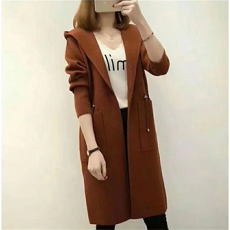 2022 Spring Autumn Women Belt Loose Hooded Knitted Long Cardigan Sweater Jacket Female Casual Warm Tricot Coat Casaco Mujer K109 |