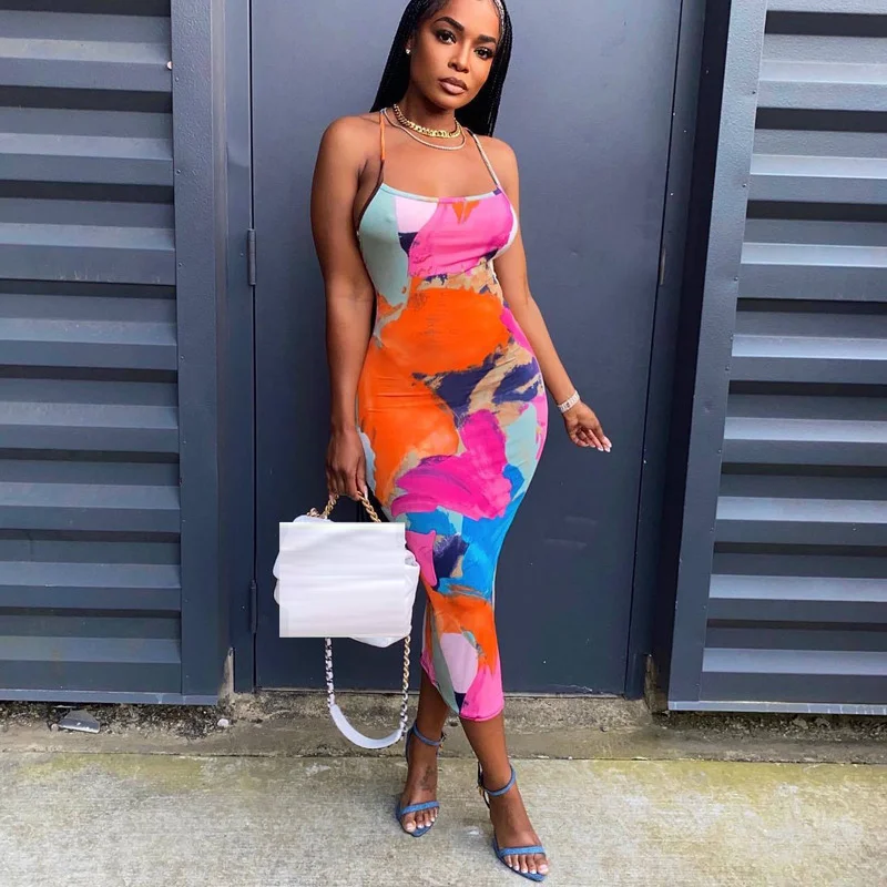 

WUHE Print Slash Neck Mid-Calf Spaghetti Strap Summer Dress Off Shoulder Backless Bandage Party Women Dress Vestido Feminino