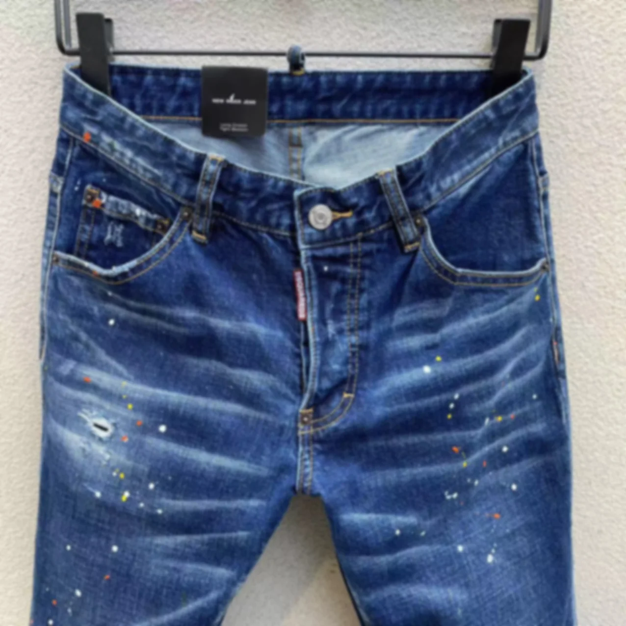 2023 Spring/Summer New D2 Jeans Men's Trendy Men's Washable Worn Hole Patch Paint Fashion Print Small Feet Blue