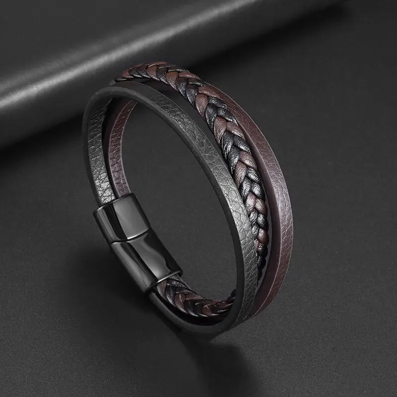 

Classic Two-Tone Multi-Layered Hand-Woven Leather Bracelet Magnetic Clasp Cuff Bangels Casual Charm Jewelry Gifts for Men