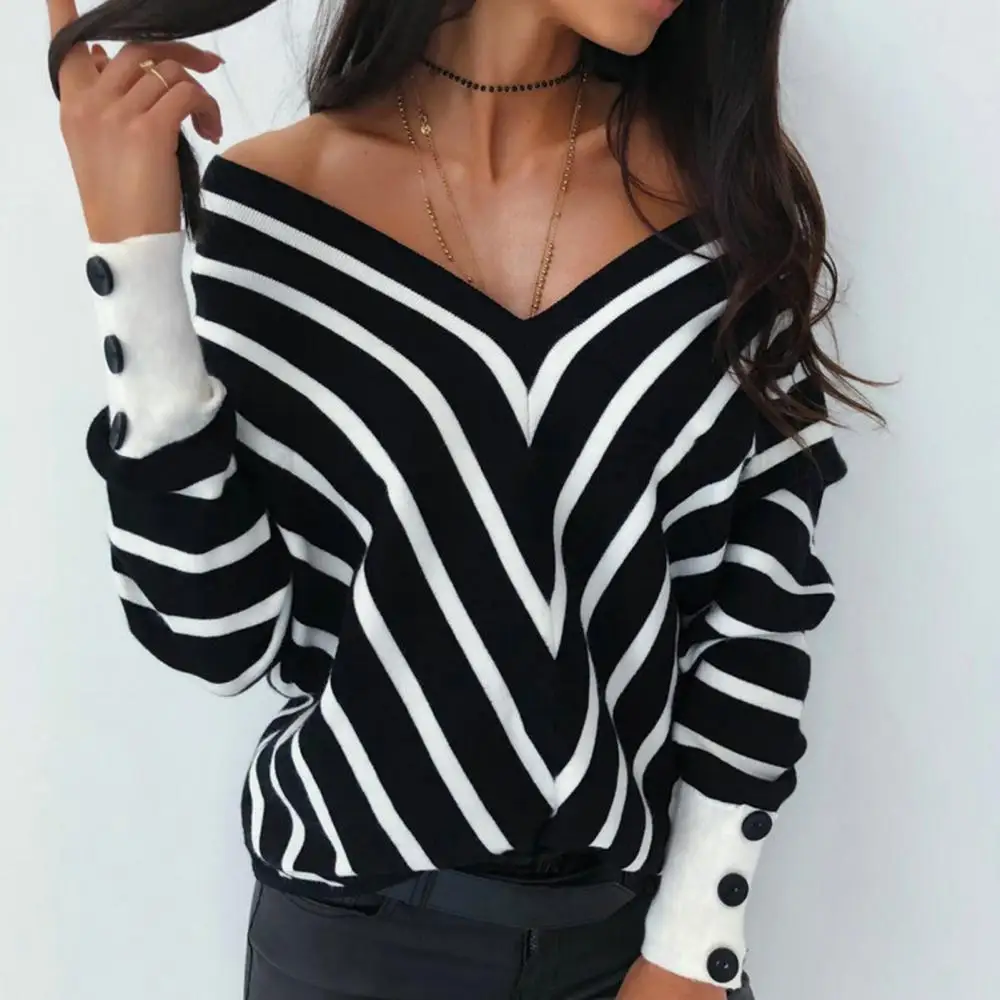 

Off Shoulder Fashion Clothes V Neck Long Sleeve Women Blouse Warm Autumn Winter Deep Stripes Print Buttons T-shirt