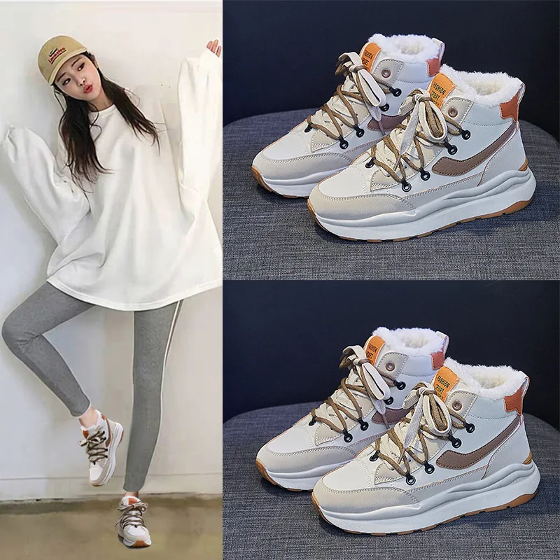 

Высокие черные короткие плюшевые ботинки, обувь для женщин 2022, кроссовки на платформе, плоская подошва, теплая осенне-зимняя Студенческая в...