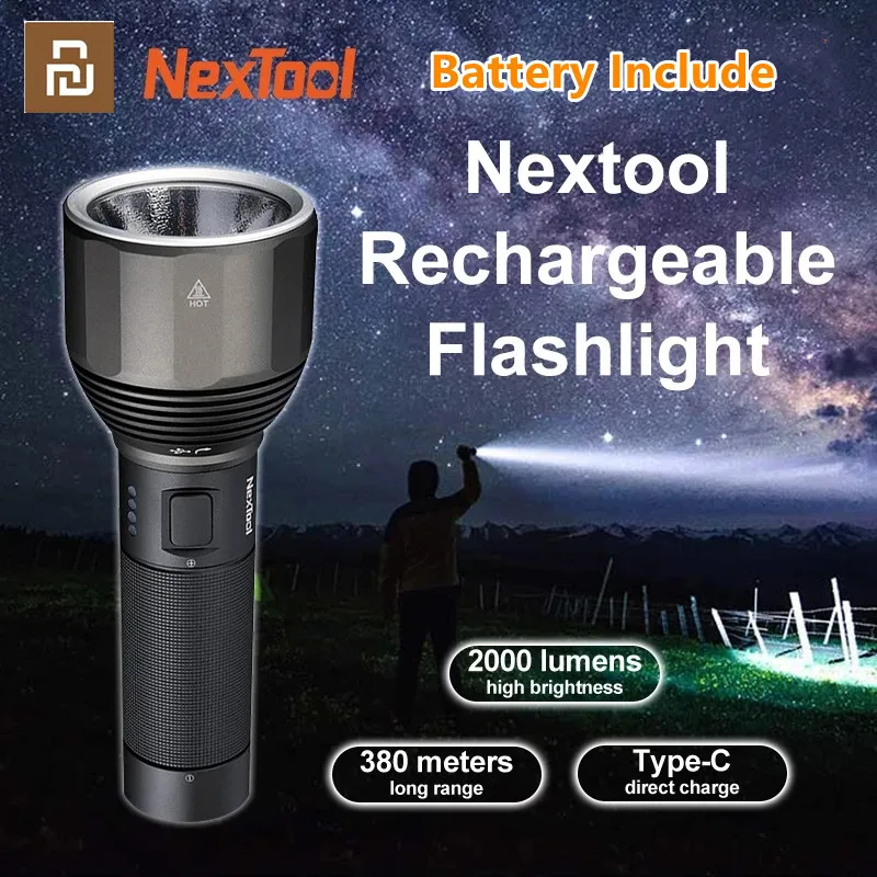 

Youpin NexTool Flashlight Rechargeable 2000lm 380m 5 Modes Waterproof High Power Type-C Camping LED Torch
