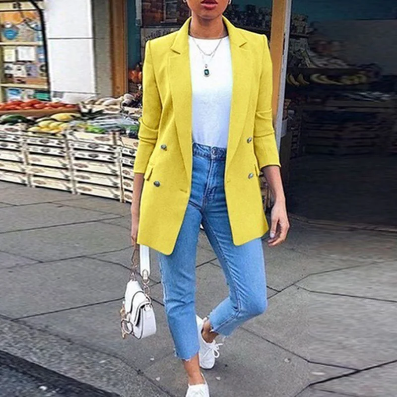 Autumn Long Sleeve Cardigan Blazer Solid Coat Casual Office Women Slim Button Jacket Work Ladies Open Front Notched Coat Blazers