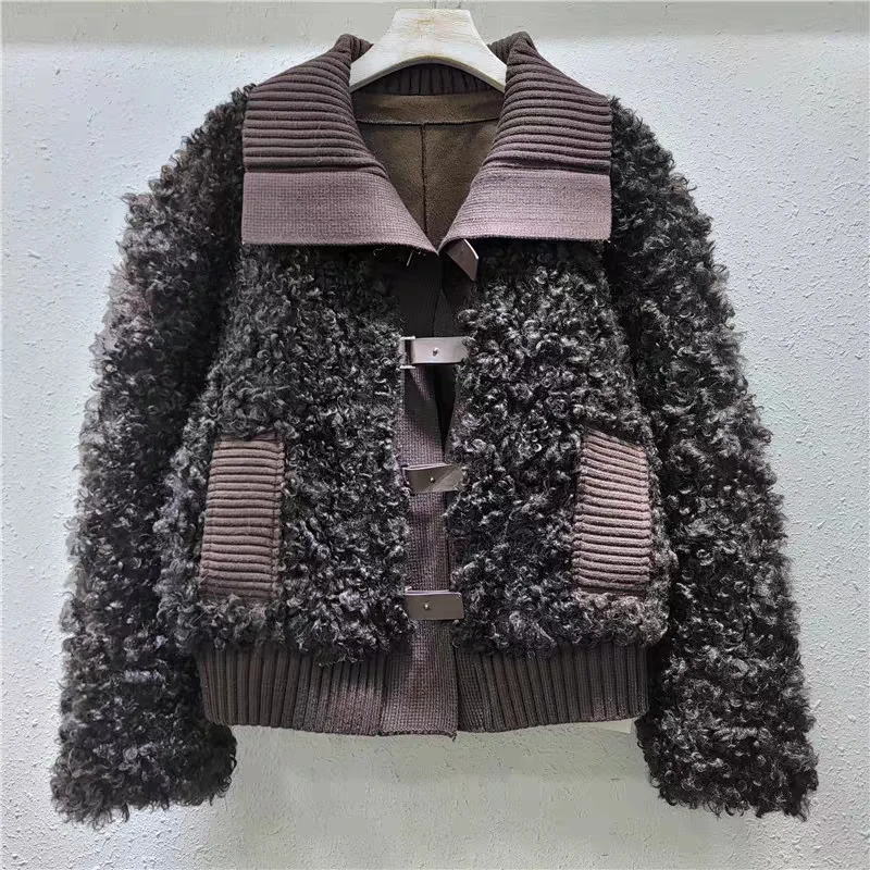 WTHT модное женское лоскутное шерстяное пальто из искусственного меха 2024 зимняя