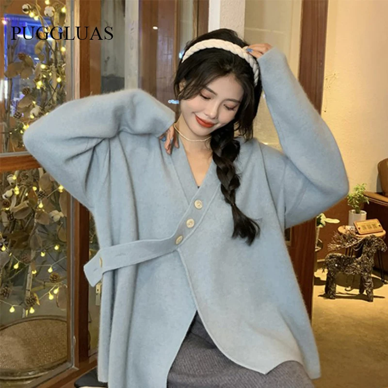 

2022 Autumn Winter Single-Breasted Sweater Cardigan Women's Loose Solid White Elegant Coats Korean Fashion Casual Warm Knitwear