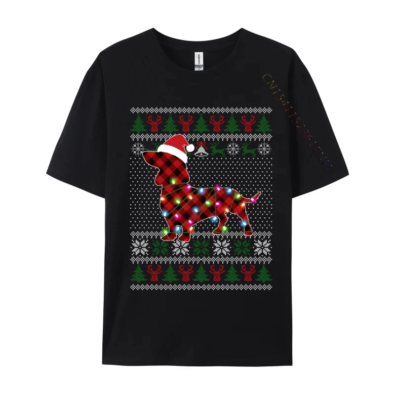 Dachshund Xmas Lights Santa Plaid Red Funny Ugly Christmas T-Shirt Cotton Man T Shirt Custom Popular Tshirts