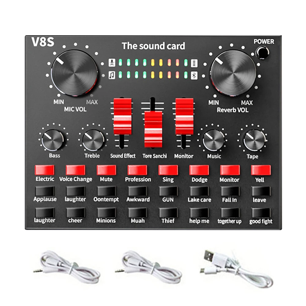 

V8S Microphone Live Broadcast Aluminum Alloy DSP Mixer Audio For Phone Computer Sound Card Stereo USB Rechargeable
