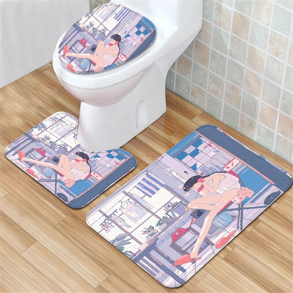 

Absorbent Floor Mat Manga Girl Bathroom Mats and Rugs Anti-slip Shower Toilet Mat Sets Room Carpet Home Supplies Floor Covering