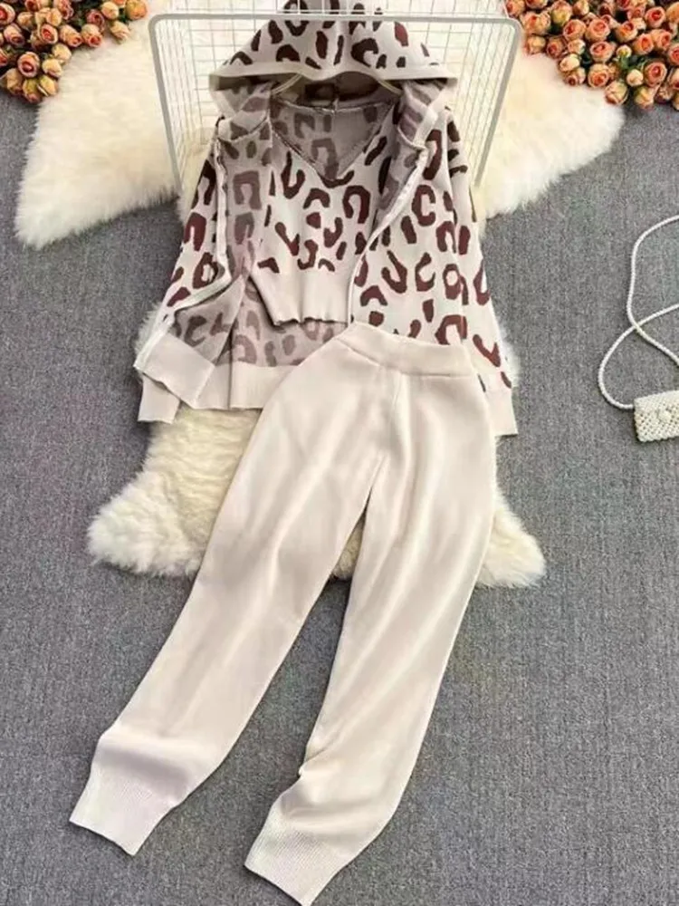 Autumn Winter Zipper Leopard Print Knitted Cardigans+Vest And Pants 3pcs Sets Women 2022 Temperament Suit Tracksuits Outfits