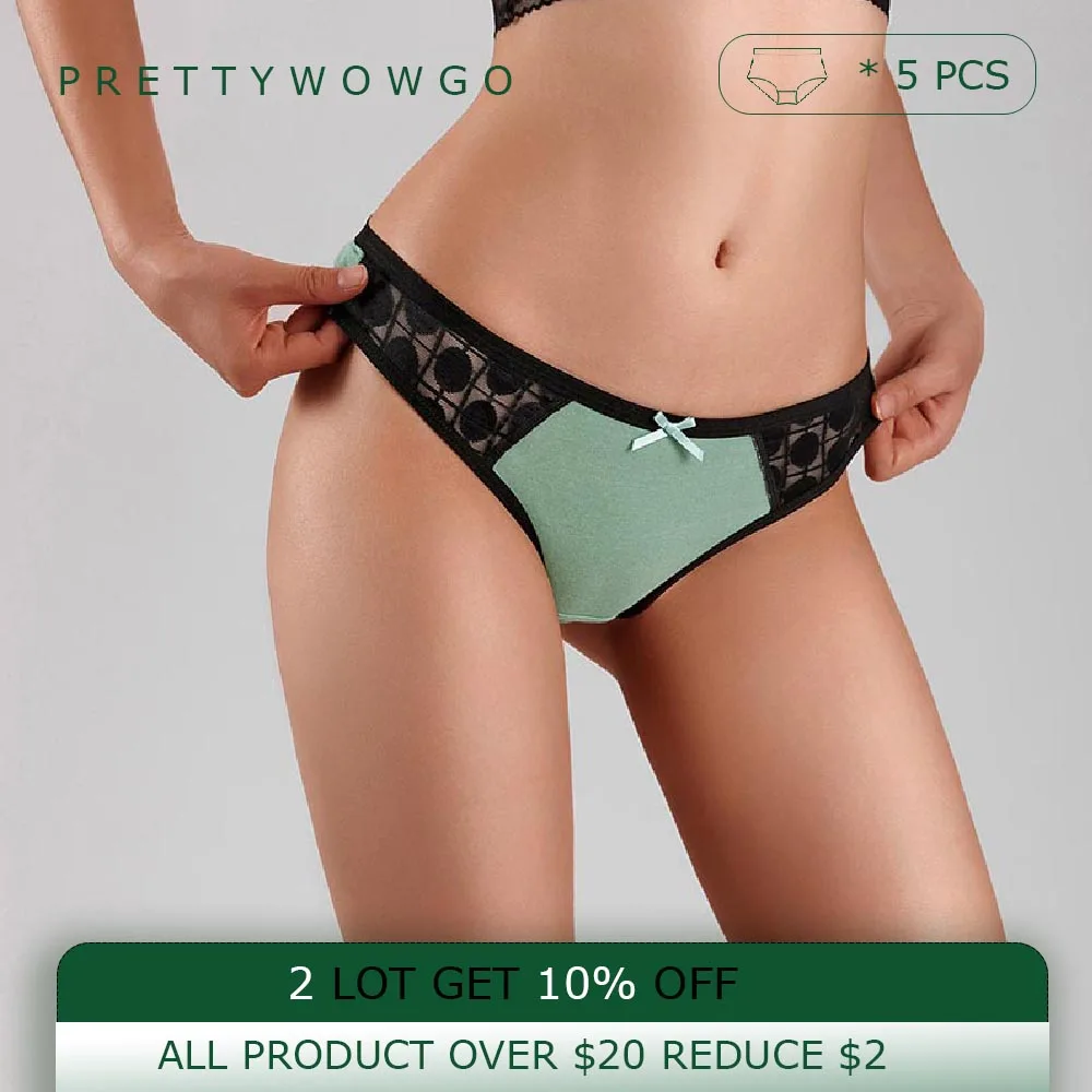 

5PCS Cotton Low Rise Green G String Thong Women Sexy Lace Panties 7450