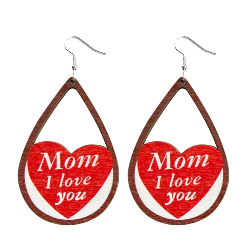 

1 Pair European and American Novel Jewelry Mother Day Drop-shaped Love the Best Mother Love Crescent Wooden Earrings 264E