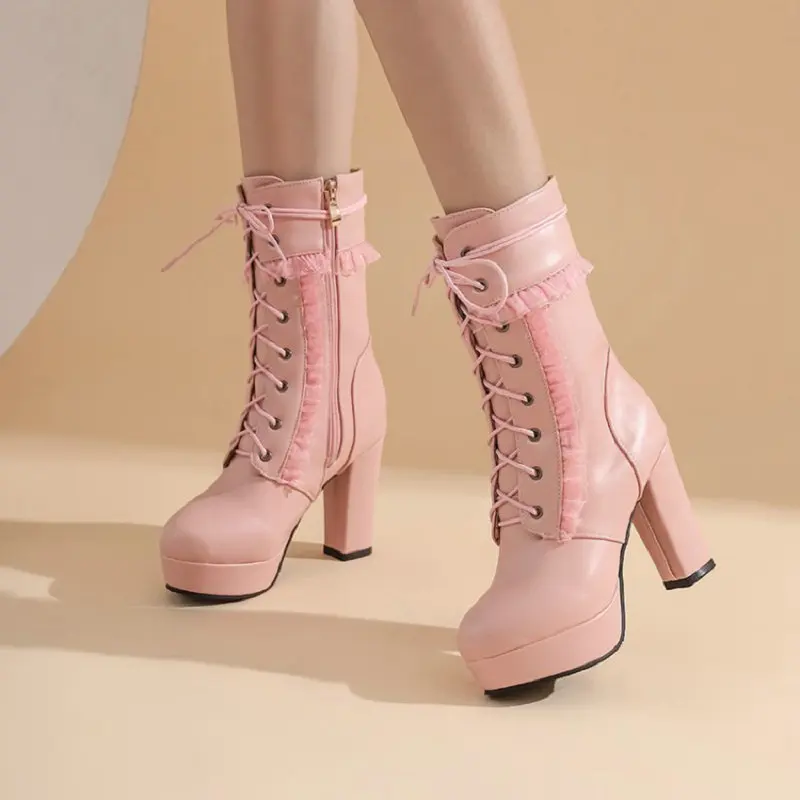 

Sianie Tianie Sweet Female Winter Shoes Platform Thick High Heels Mid-calf Booties Lace-Up Woman Boots With Ruffles Big Size 48