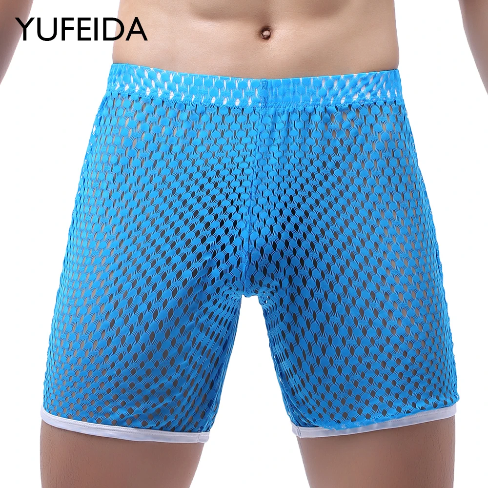 

YUFEIDA Men's Mesh See Through Boxer Trunks Shorts Underwear Male Homewear Pajamas Sexy Sport Fishnet Hollow Out Long Leg Boxers