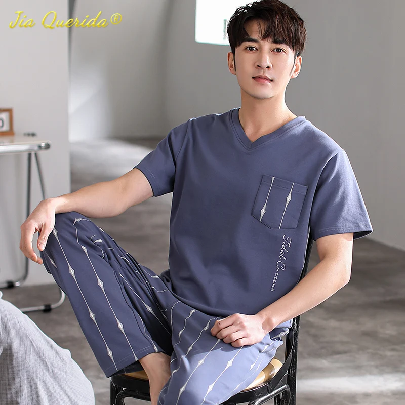 

Мужские летние хлопковые Роскошные пижамные комплекты, модные элегантные пижамы с v-образным вырезом для мужчин, L-4XL длинные штаны с коротки...