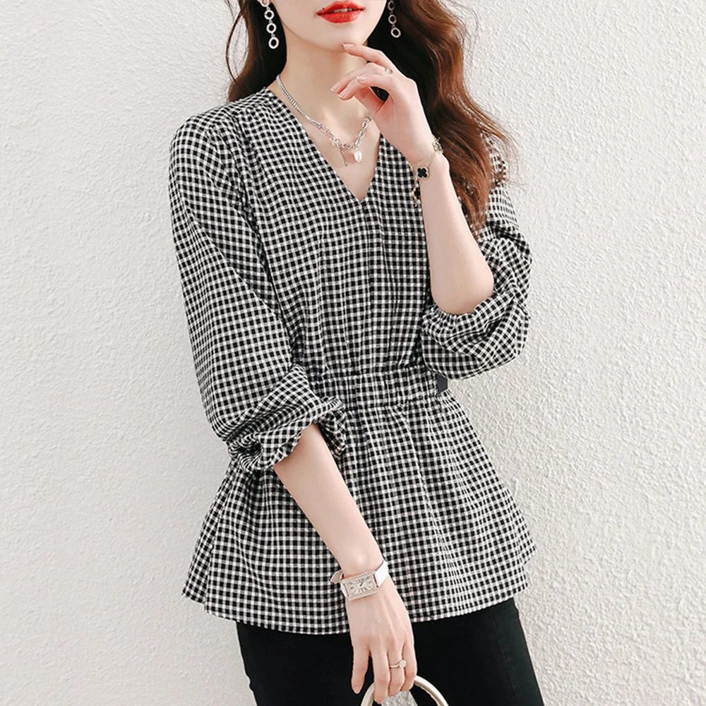 

Fashion Women Blouse Casual Fresh Long Sleeve Lattice Patchwork V-neck High Waist Slim Pullover Spring Fall Blouse For Ladies