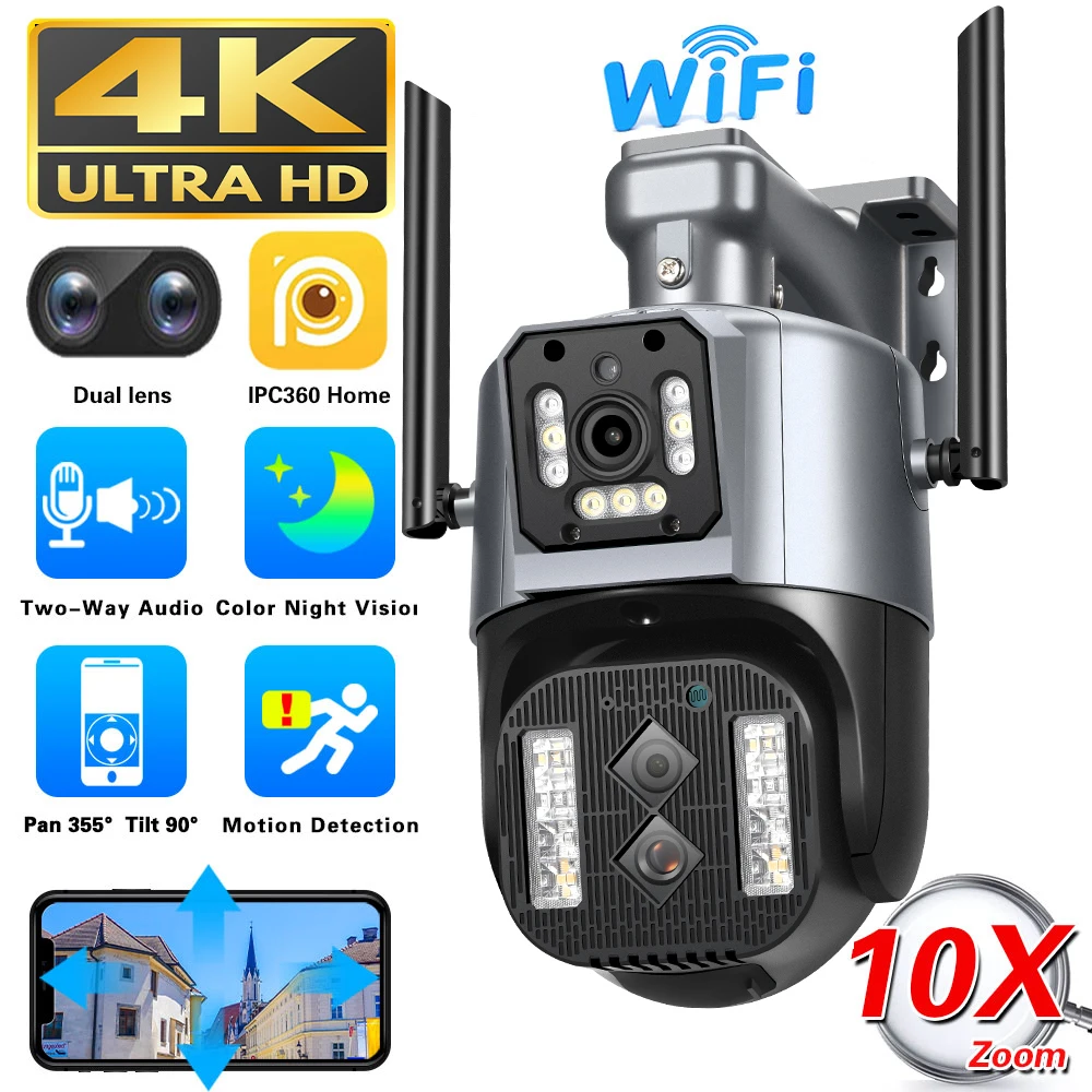 8MP 4K IP Camera 10X Zoom Outdoor Three Lens Dual Screen PTZ WiFi Camera Security Protection CCTV Camera Night Vision IPC 360