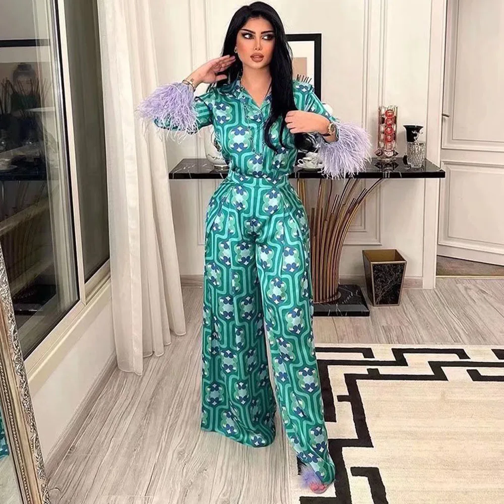 

Women's 2022 Summer New Fashion All-match Cuff Feather Decoration Printed Shirt Lapel Long Sleeve Single Breasted Shirt Women