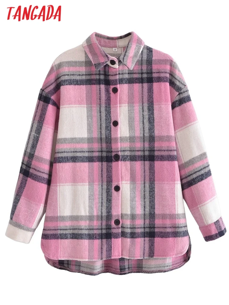

Tangada 2022 Women Pink Plaid Woolen Thick Coats Loose Long Sleeves Pocket Office Ladies Elegant OverCoat 3W47