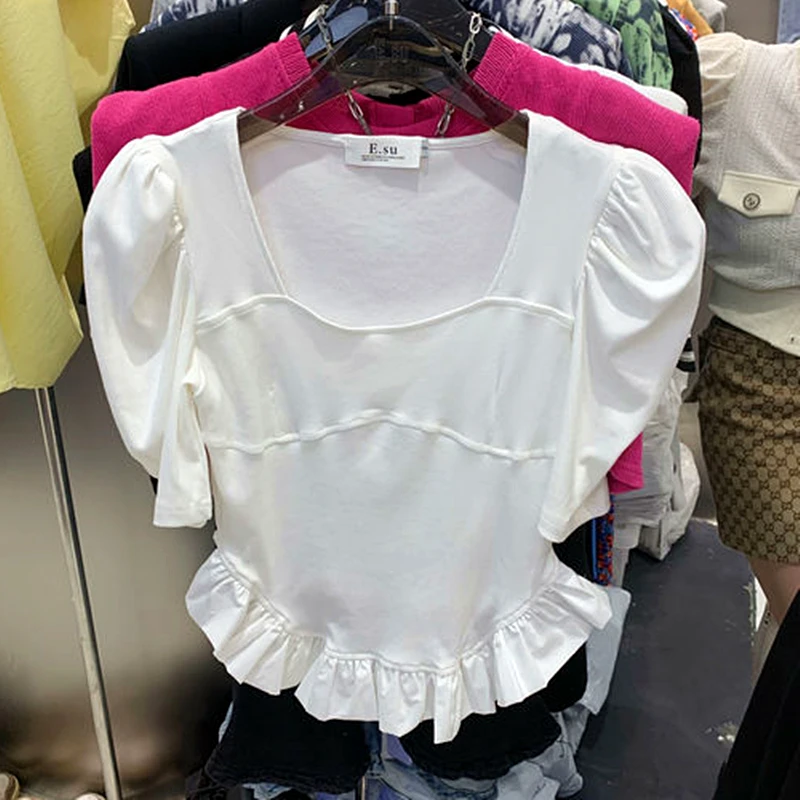 

France Ruffles Puff Sleeve U-neck Square Collar Elegant Solid T Shirts Crop Tops Office Ladies Sweet Girls 2022 Summer Korean