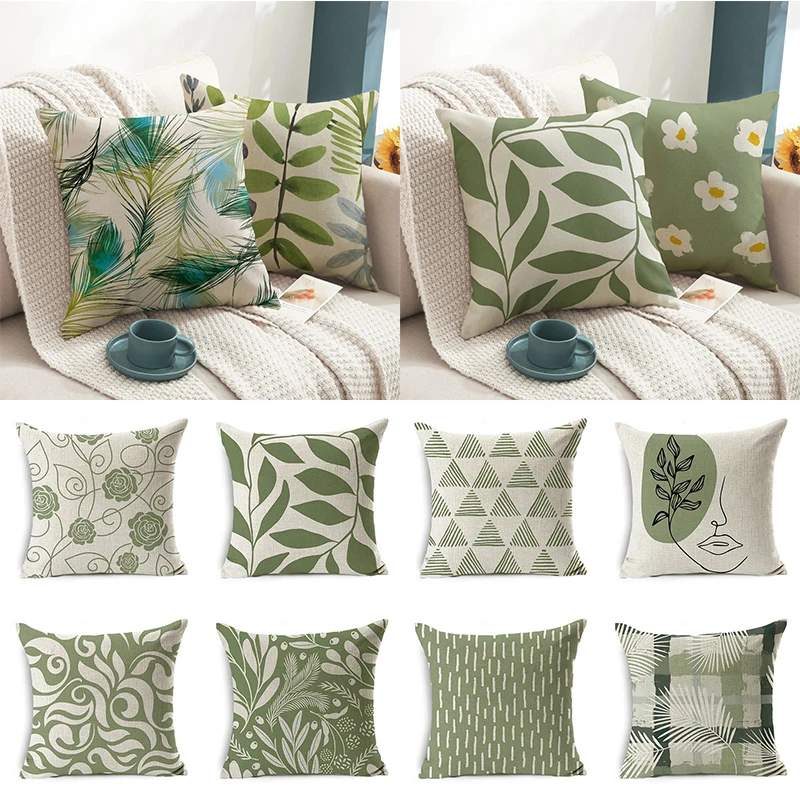

2022 Geometric Green Art Pattern Cushion Cover Linen Material Sofa Car Chair Home Decor Cushion Cover Gift Pillow 45x45CM