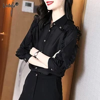 korean black turn down collar straight blouses fashion spring autumn solid color womens clothing thin office lady elegant shirt