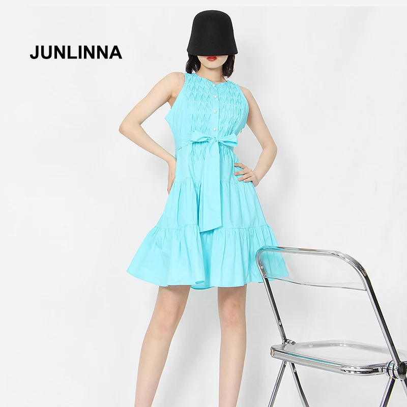 

JUNLINNA Designer Summer New Women Dress Pure Colour Folds Fashion Beach Holiday Vestidos O-Neck Tank Sashes Sliming Casual