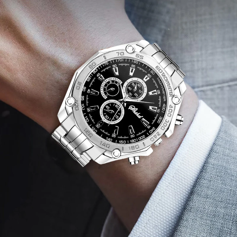WOKAI high quality fashion business steel strap Men's quartz watch Large dial three eyes waterproof luxury clock retro classic |