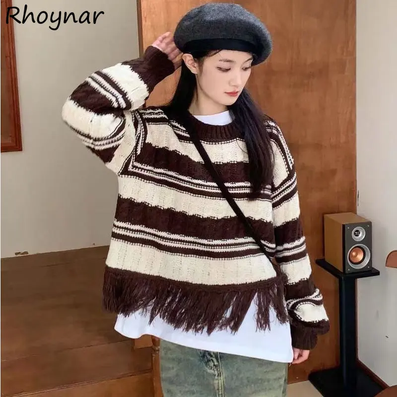 

Женские пуловеры с нежными кисточками, шикарный Универсальный уютный осенний модный студенческий свитер с длинным рукавом в стиле ольччан, уличная одежда в полоску для женщин