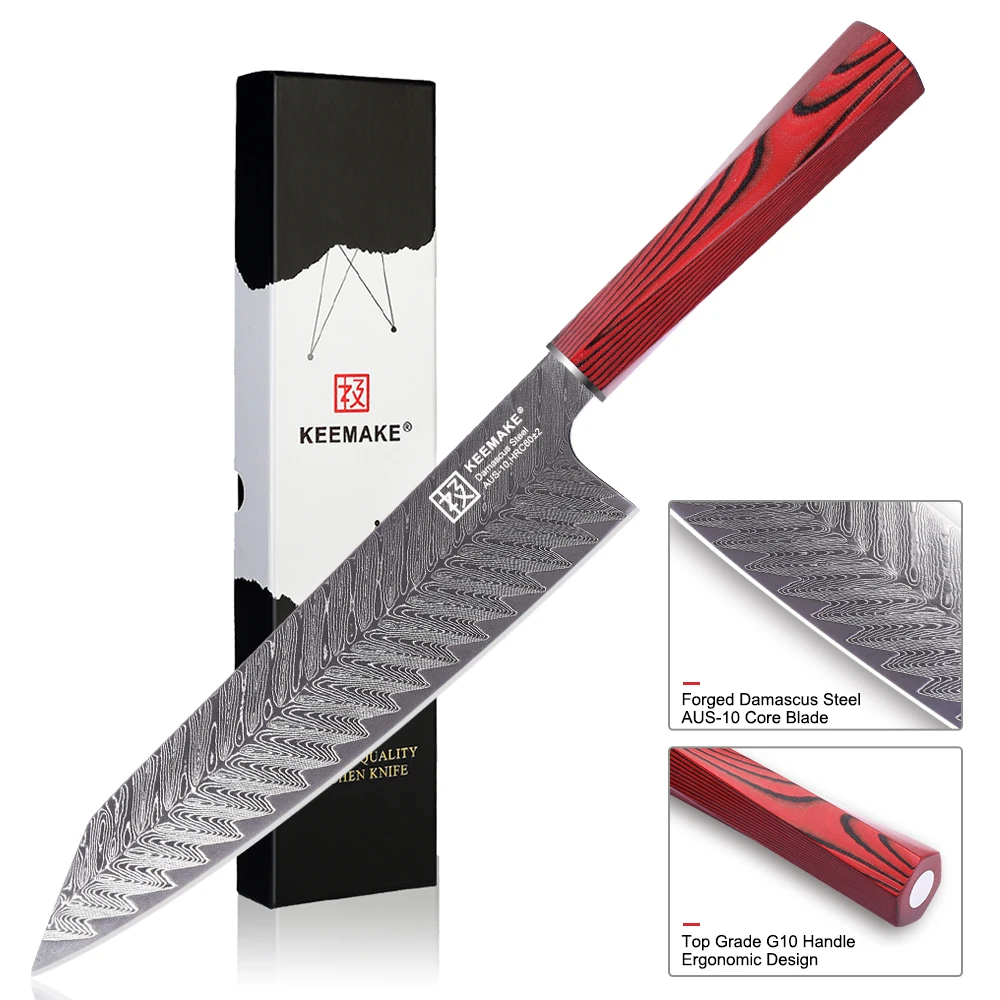 

KEEMAKE 8 Inch Chef‘s Knife Razor Sharp AUS-10 Damascus Steel Cut Japanese Style Kitchen Knives Red G10 Handle